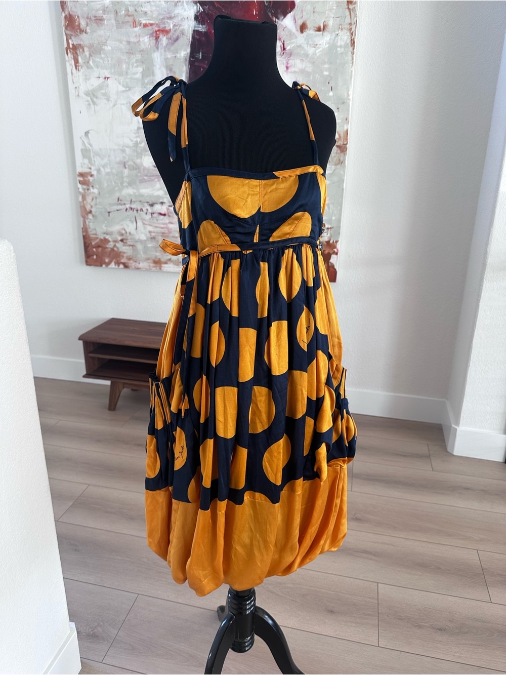 Marc By Marc Jacobs Silk Navy and Orange Dot Tie-Shoulder Dress